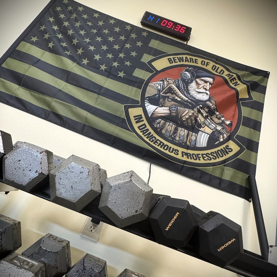 Beware of Old Men In Dangerous Professions / US Flag - 3'x5' - TGJ Wall Flag