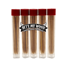 Load image into Gallery viewer, BiteMyWood 5 Pack qty Flavored Birchwood Toothpicks Ultimate Extreme Hot Cinnamon 60 Picks Total Count Super Infused Flavor Toothpick
