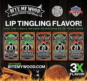 BiteMyWood Flavored Birchwood Toothpicks in Plastic Reusable Bag 21 qty 5 Flavors To Choose From
