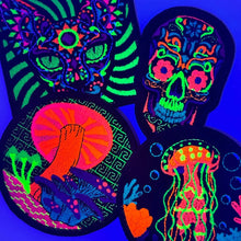 Load image into Gallery viewer, Blacklight Dark Blacklight Sugar Skull Velvet Patch - Amp Up Your Gear with Trippy, Eye-Catching Fluorescent Thread Magic
