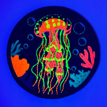 Load image into Gallery viewer, Blacklight Dark Blacklight Jellyfish Velvet Patch - Amp Up Your Wardrobe with Trippy, Eye-Catching Fluorescent Thread Magic
