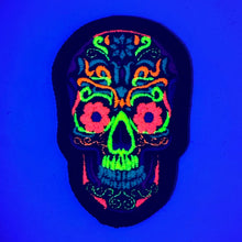 Load image into Gallery viewer, Blacklight Dark Blacklight Sugar Skull Velvet Patch - Amp Up Your Gear with Trippy, Eye-Catching Fluorescent Thread Magic
