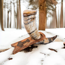 Load image into Gallery viewer, Curved Drinking Horn with Wooden Stand
