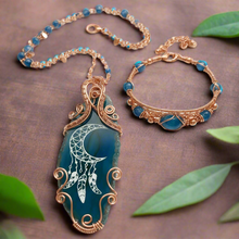 Load image into Gallery viewer, Custom wire wrapped Crescent moon, engraved agate necklace, and bracelet set
