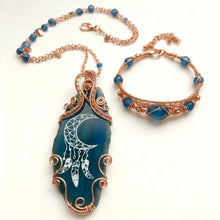 Load image into Gallery viewer, Custom wire wrapped Crescent moon, engraved agate necklace, and bracelet set
