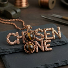Load image into Gallery viewer, Custom copper wire wrapped chosen one statement necklace with tigers eye crystals￼
