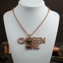 Load image into Gallery viewer, Custom copper wire wrapped chosen one statement necklace with tigers eye crystals￼
