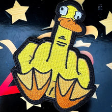 Load image into Gallery viewer, Duck You goofy animated middle finger 3.5 inch fully embroidered patch with hook backing
