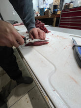 Load image into Gallery viewer, Big Game Cutting Chopping Board 3/8 Inch Thick | Food-Grade HDPE Optional Non-Skid Rubber Feet, Wide Juice Groove | 32 or 48 in x 18 in or 24 in for Tailgates, Coolers and Tables | Easy Grip Handle
