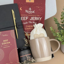 Load image into Gallery viewer, Campfire Comfort Gift Box | Beef Jerky Gift Set &amp; Leather Notebook for Men
