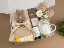 Load image into Gallery viewer, New Mom Gift Set – Knitted Baby Blanket, Crochet Bunny Rattle &amp; Self-Care Treats
