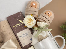 Load image into Gallery viewer, New Mom Gift Set – Knitted Baby Blanket, Crochet Bunny Rattle &amp; Self-Care Treats
