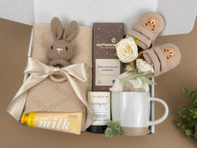 Load image into Gallery viewer, New Mom Gift Set – Knitted Baby Blanket, Crochet Bunny Rattle &amp; Self-Care Treats
