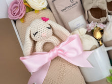 Load image into Gallery viewer, Newborn Gift Set – Baby Blanket, Handmade Bunny Rattle &amp; Cozy Treats for Mom
