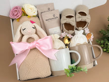 Load image into Gallery viewer, Newborn Gift Set – Baby Blanket, Handmade Bunny Rattle &amp; Cozy Treats for Mom
