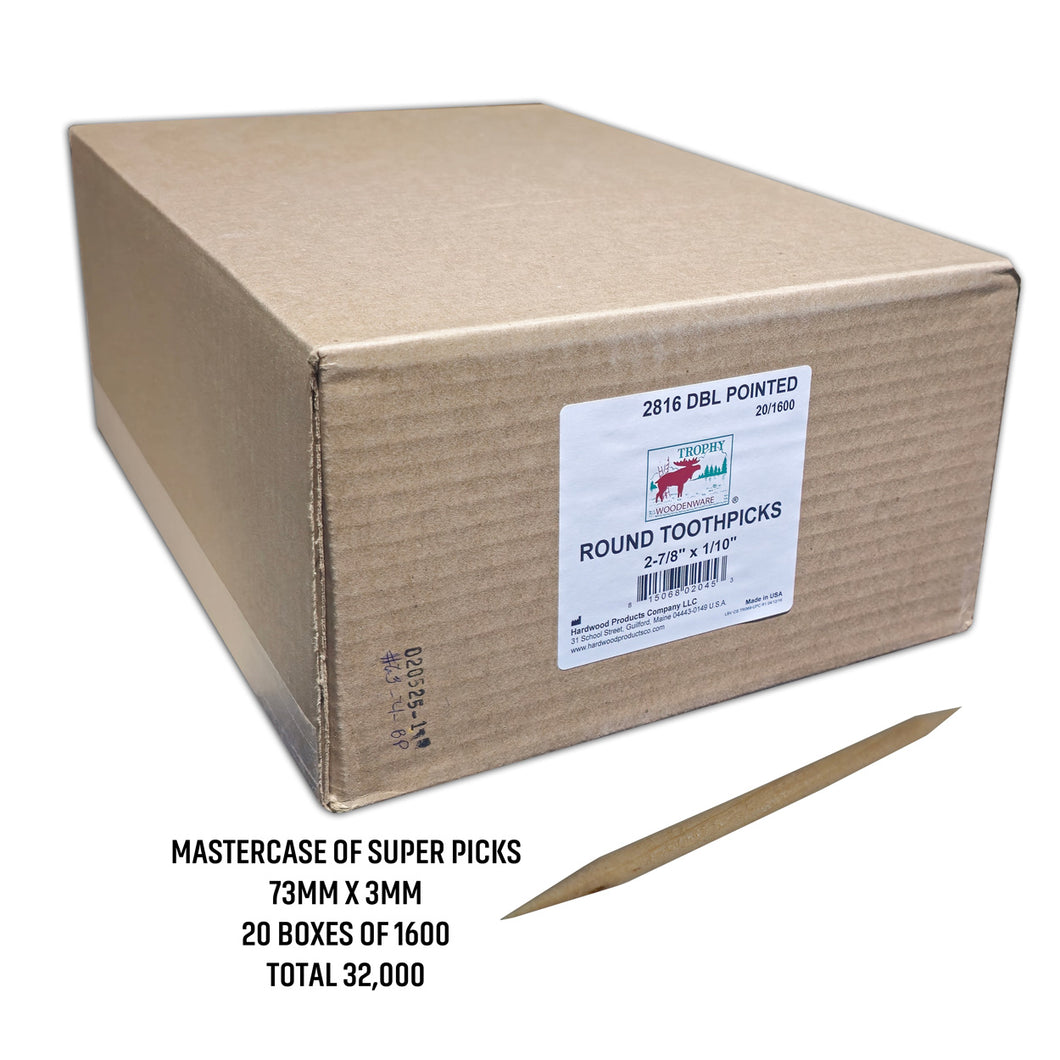 32000 Qty Double Point Oversized Toothpicks In Master Case Cardboard Box 20x1600