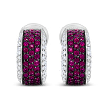 Load image into Gallery viewer, 18K White Gold and Black Rhodium Plated 3/4 Cttw Round Diamonds and 1mm Round Red Ruby Huggie Hoop Earrings (F-G Color, VS1-VS2 Clarity)
