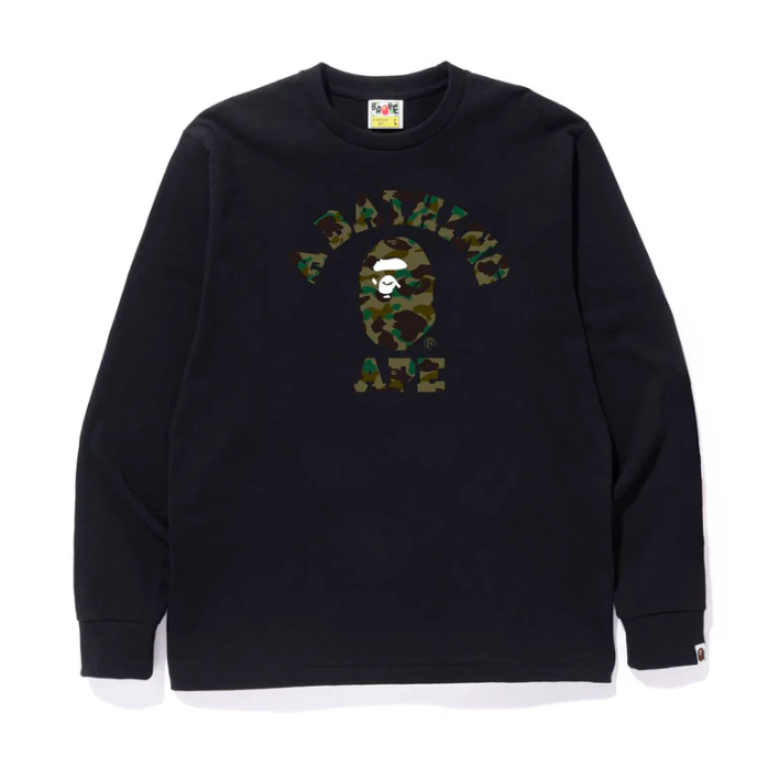 BAPE 1ST CAMO COLLEGE L/S TEE (BLACK/GREEN)