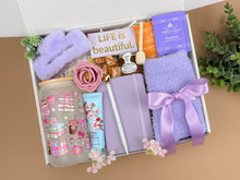 Load image into Gallery viewer, Self Care Gift Baskets – Lavender Spa, Tea &amp; Tumbler Set
