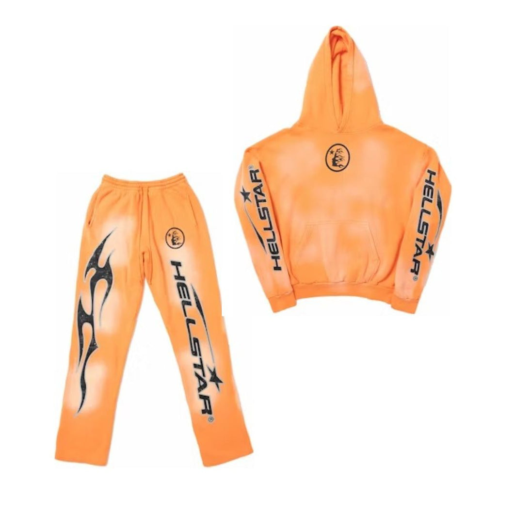 Hellstar Fire Orange Hoodie with Flare Bottom Sweatpants Orange Dye (Full Set)