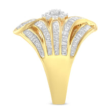 Load image into Gallery viewer, 10K Yellow Gold Flashed .925 Sterling Silver 1-1/8 Cttw Round &amp; Baguette Diamond 'Flower &amp; Fern' Cluster Cocktail Fashion Ring (I-J Color, I2-I3 Clarity) - Size 6
