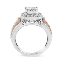 Load image into Gallery viewer, 14K White and Rose Gold 1 1/8 Cttw Princess and Round-Cut Diamond Art Deco Style Triple Shank Halo Cocktail Ring (I-J Color, SI2-I1 Clarity) - Size 7
