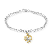 Load image into Gallery viewer, 10K Yellow Gold 1/10 Cttw Diamond Awareness Ribbon &amp; Heart Charm on 7" .925 Sterling Silver Rolo Bracelet (H-I Color, I1-I2 Clarity)
