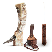 Load image into Gallery viewer, Curved Drinking Horn Bundle with Stand &amp; Holster
