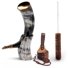 Load image into Gallery viewer, Curved Drinking Horn Bundle with Stand &amp; Holster
