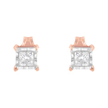 Load image into Gallery viewer, 14K Rose Gold Plated Two-Tone .925 Sterling Silver 1/2 Cttw Princess-Cut Square Near Colorless Diamond Solitaire Miracle-Plate Stud Earrings (J-K Color, I2-I3 Clarity)
