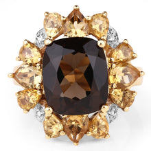 Load image into Gallery viewer, 14K Yellow Gold Plated 7.10 Carat Genuine Smoky Quartz, Citrine &amp; White Topaz Brass Ring

