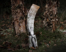 Load image into Gallery viewer, Curved Drinking Horn Bundle with Stand &amp; Holster
