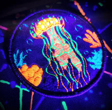 Load image into Gallery viewer, Blacklight Dark Blacklight Jellyfish Velvet Patch - Amp Up Your Wardrobe with Trippy, Eye-Catching Fluorescent Thread Magic
