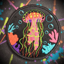 Load image into Gallery viewer, Blacklight Dark Blacklight Jellyfish Velvet Patch - Amp Up Your Wardrobe with Trippy, Eye-Catching Fluorescent Thread Magic
