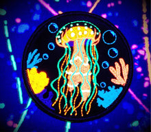 Load image into Gallery viewer, Blacklight Dark Blacklight Jellyfish Velvet Patch - Amp Up Your Wardrobe with Trippy, Eye-Catching Fluorescent Thread Magic
