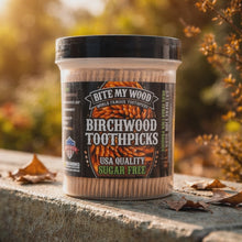 Load and play video in Gallery viewer, 450 Qty BiteMyWood Unflavored Double Point Blunt Tip Birchwood Toothpicks in Reusable Plastic Jar - USA Made

