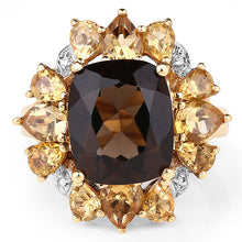 Load image into Gallery viewer, 14K Yellow Gold Plated 7.10 Carat Genuine Smoky Quartz, Citrine &amp; White Topaz Brass Ring
