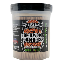 Load image into Gallery viewer, 450 Qty BiteMyWood Unflavored Double Point Blunt Tip Birchwood Toothpicks in Reusable Plastic Jar - USA Made
