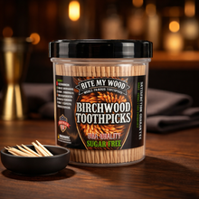 Load image into Gallery viewer, 450 Qty Unflavored Birchwood Single Point BiteMyWood Brand Grooved Toothpicks SP2 in Plastic Jar
