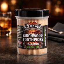 Load image into Gallery viewer, 450 Qty BiteMyWood Unflavored Double Point Blunt Tip Birchwood Toothpicks in Reusable Plastic Jar - USA Made
