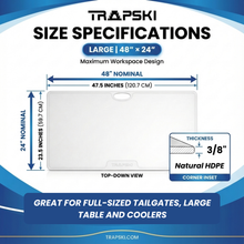 Load image into Gallery viewer, Big Game Cutting Chopping Board 3/8 Inch Thick | Food-Grade HDPE Optional Non-Skid Rubber Feet, Wide Juice Groove | 32 or 48 in x 18 in or 24 in for Tailgates, Coolers and Tables | Easy Grip Handle
