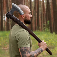 Load image into Gallery viewer, Viking long axe "Ragnar Lodbrok" with carving handle and leather wrap
