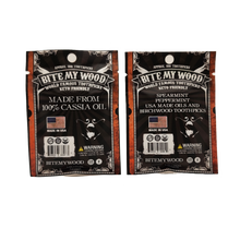 Load image into Gallery viewer, 2 Pack BiteMyWood Cinnamon and Mint Flavored Birchwood Toothpicks in 100 Qty Plastic Reusable Bags
