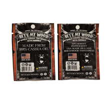 Load image into Gallery viewer, 2 Pack BiteMyWood Cinnamon and Mint Flavor Wooden Toothpicks in 100 Qty Plastic Reusable Bags
